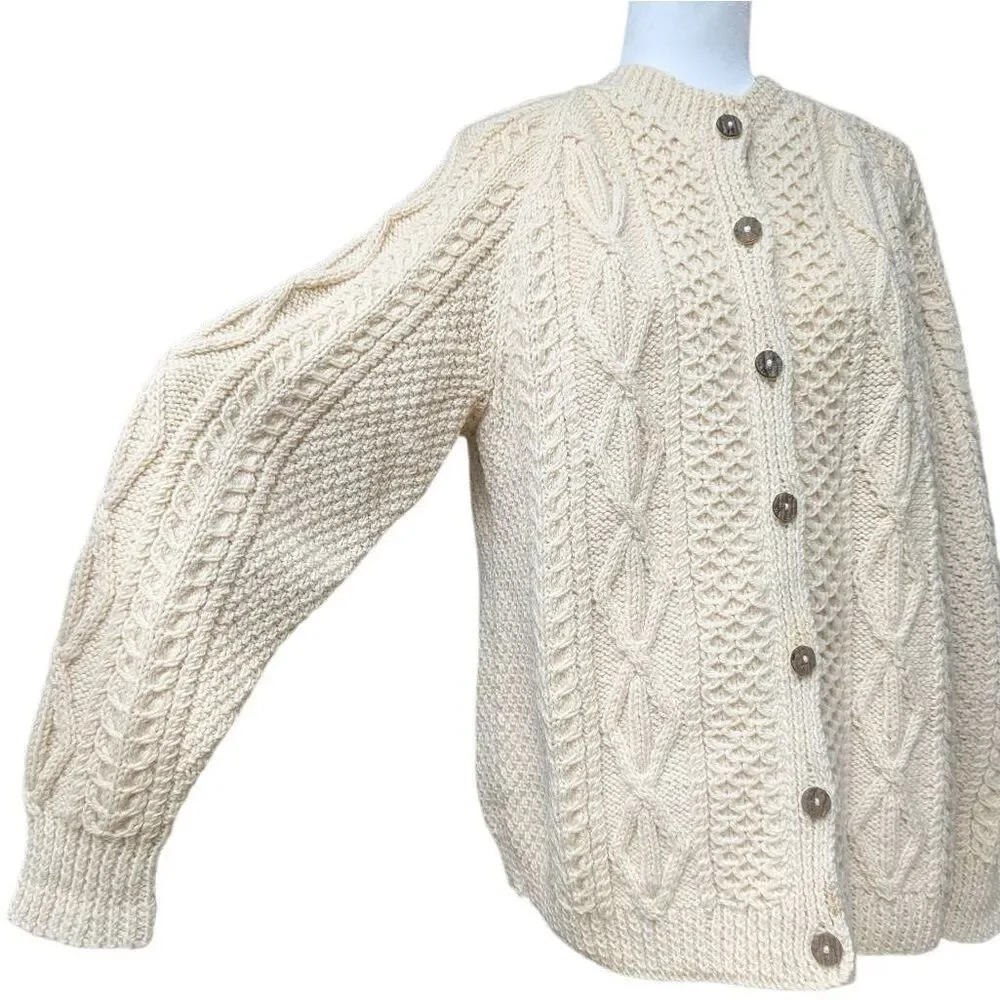 Fisherman Sweater Cardigan Off White Cream Heavy Cable Wood Buttons Unbranded - Picture 2 of 10